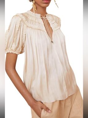 Ulla Johnson Cream Pleated Ruffle-Neck Blouse